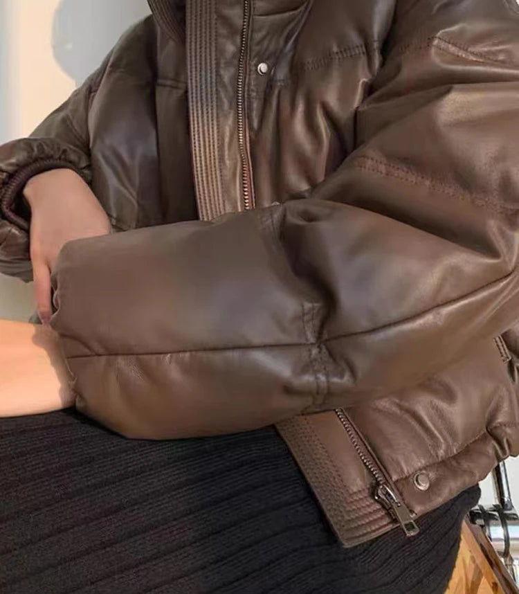Women Leather Down Jacket Winter 2025 High End Genuine Sheepskin Down Coat Outdoor Thicked Warm Short Puffer Jacket Streetwear RT220