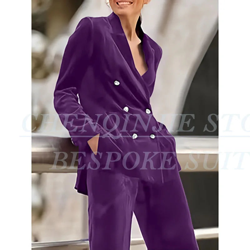 Luxury Purple Women's 2 Piece Sets Suits Chic Double Breasted Peak Lapel Slim Fit Jacket Pants Outfits Velvet Office Blazer 2025 RT220