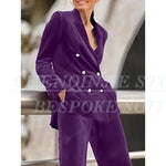 Luxury Purple Women's 2 Piece Sets Suits Chic Double Breasted Peak Lapel Slim Fit Jacket Pants Outfits Velvet Office Blazer 2025 RT220