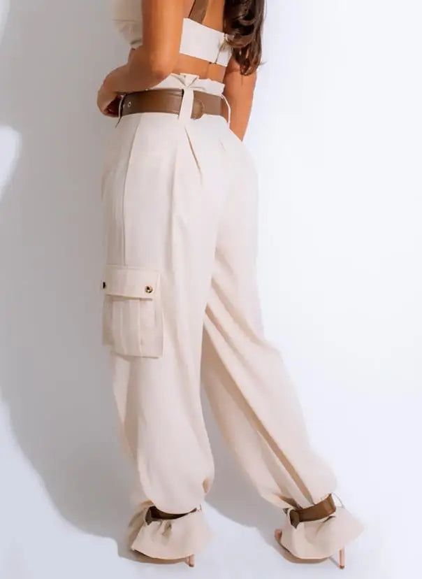 2023 New Fashion Women's Pants Elegant Paperbag Waist Belted Pocket Design Cargo Pants Female Trouser Casual Bottom RT220