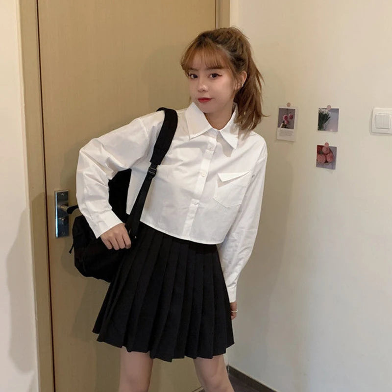 MEXZT Fashion Korean Pocket Cropped Blouse Women Casual Preppy Style Long Sleeve Short Shirt Fall Solid White All-match Y2k Tops RT220