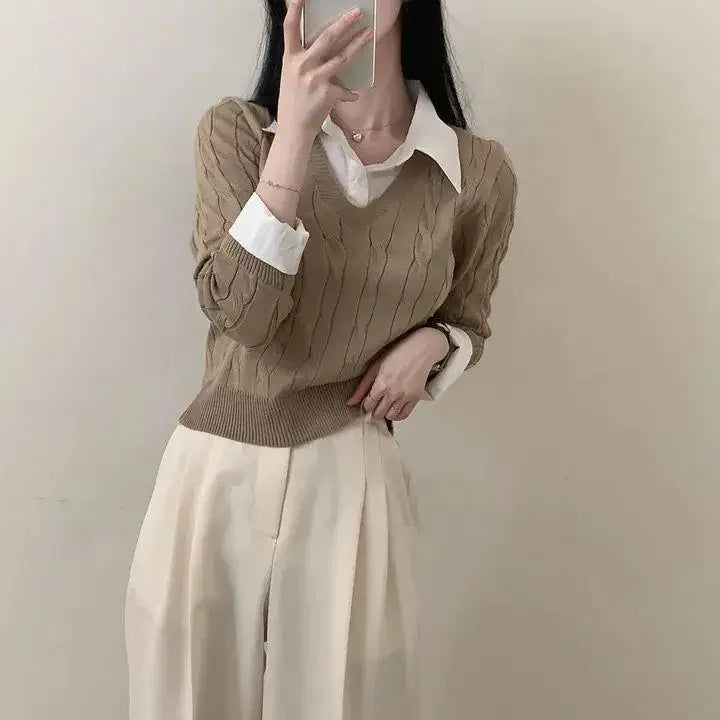Korean Chic Spring and Autumn Age-Reducing Sweaters Retro Temperament Preppy Fake Two Pieces Shirts Twist Knit Women's Y2k Tops RT220