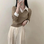 Korean Chic Spring and Autumn Age-Reducing Sweaters Retro Temperament Preppy Fake Two Pieces Shirts Twist Knit Women's Y2k Tops RT220