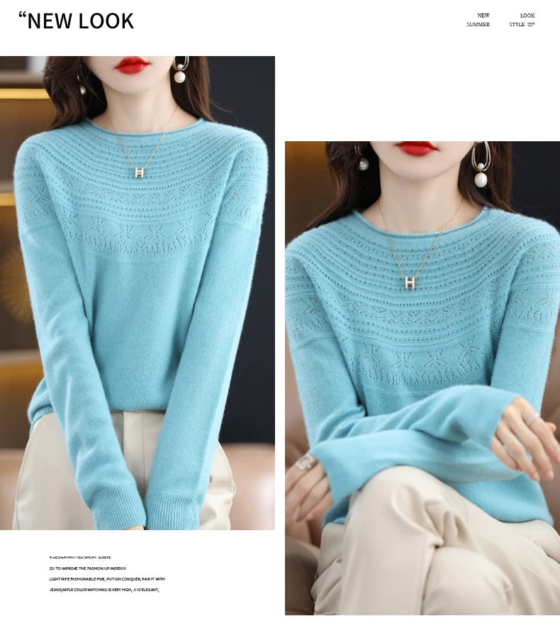 100% Merino Wool Knitted Sweater Autumn/Winter 2024 New Women's Round Neck Hollow Top 11 Color Pullover Versatile Coat NJR1107 RT220
