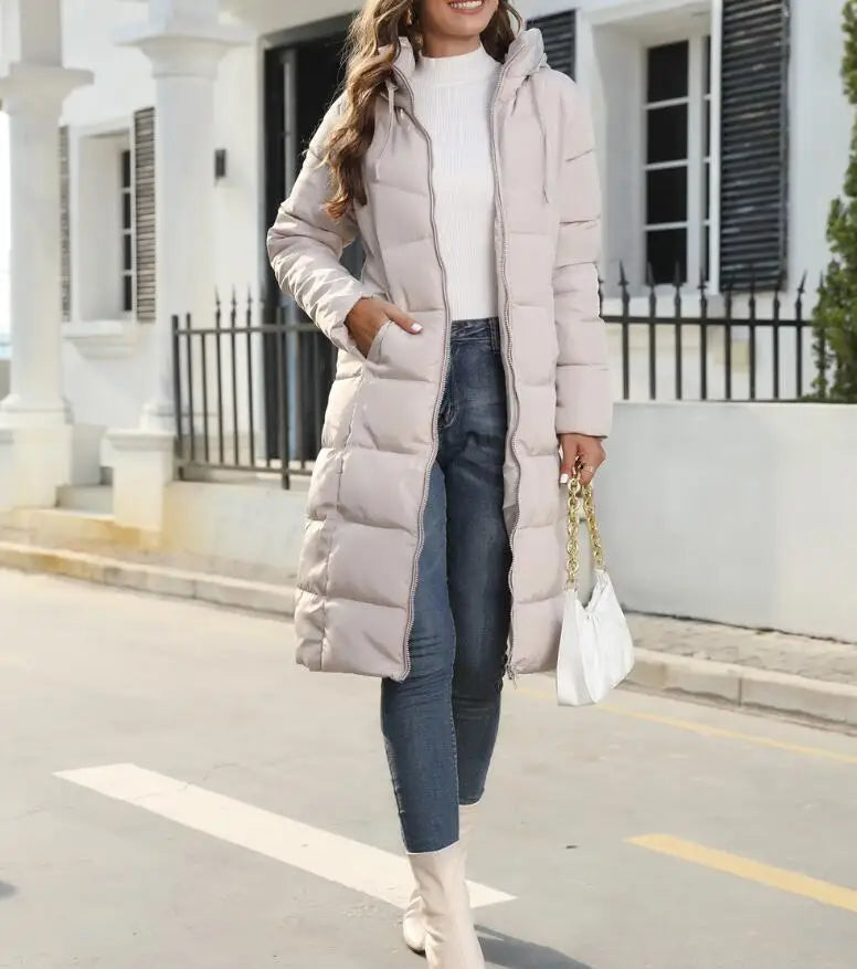 Winter New Hooded Mid Length Slim Fit Warm Long Sleeve Solid Color Jacket For Women,3 Colors RT220