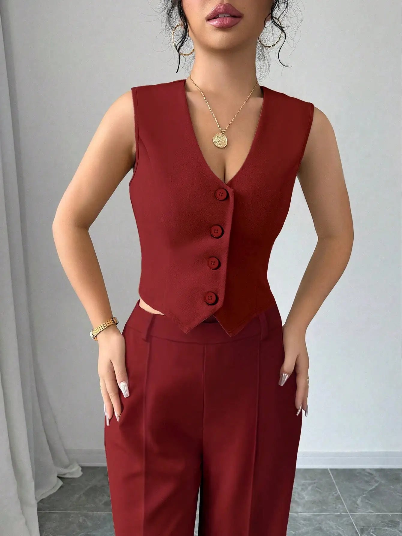 Women's 2Pcs Red Date Night Front Buckle V-Shaped Hem Solid Button Front Vest Jacket & Seam Front Pants Two Piece Set RT220