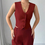 Women's 2Pcs Red Date Night Front Buckle V-Shaped Hem Solid Button Front Vest Jacket & Seam Front Pants Two Piece Set RT220