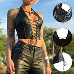 Women Y2k Sexy Gothic Patent Leather Backless Lace Up Crop Top Wet Look Corset Bra Vest Clubwear Club Party Female Tank Tops RT220