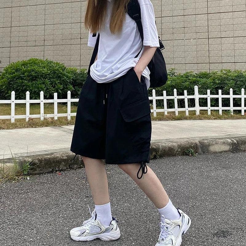 Rimocy Summer Knee Length Cargo Shorts Women 2025 Bf Harajuku Wide Leg Shorts Woman Streetwear Pockets Baggy Short Pants Female RT220