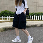 Rimocy Summer Knee Length Cargo Shorts Women 2025 Bf Harajuku Wide Leg Shorts Woman Streetwear Pockets Baggy Short Pants Female RT220
