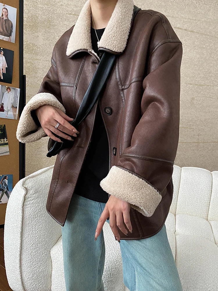 [LANMREM] Faux Fur Thick Warm Coats Lapel Single Breasted Office Lady Elegant Female Outwear Fashion 2025 Winter New 26C1095 RT220