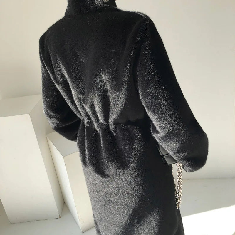 Coats Women Faux Fur Stand Collar Mid Length Long Coat Thick Maxi Warm Thick Open Stitch Elegant Autumn Winter Black Jackets RT220
