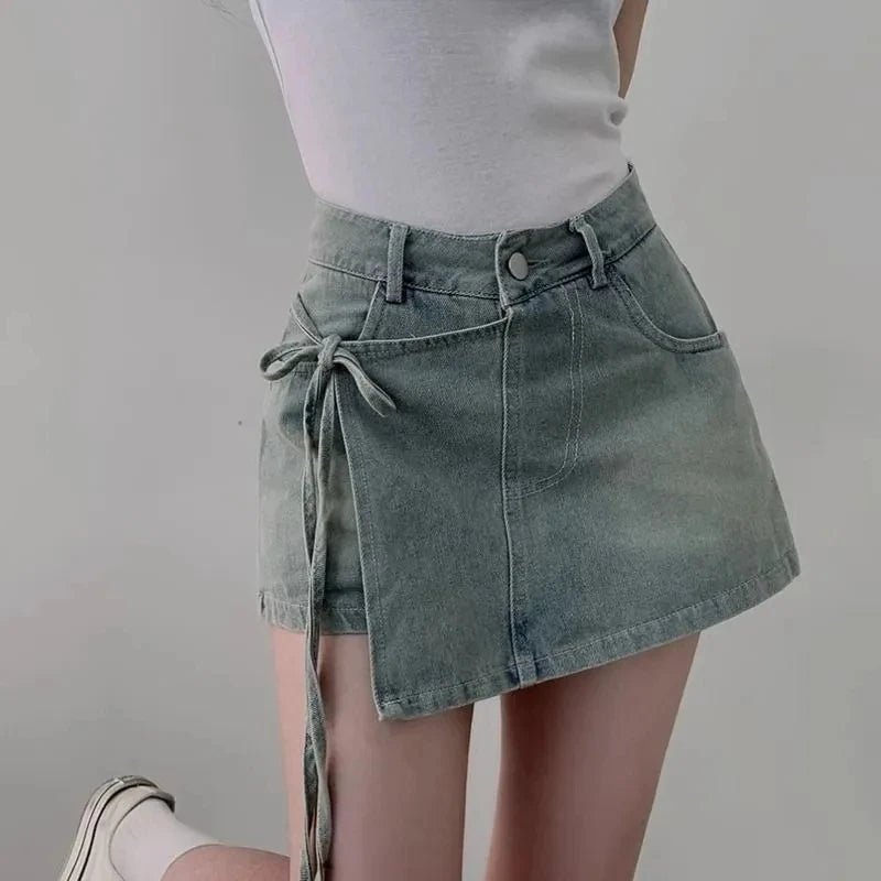 DFCF 2025 Spring Summe Jeans Streetwear Vintage Irregular Laced Up short Jeans Women Y2k Korean Fashion High Waist Straight Pant RT220
