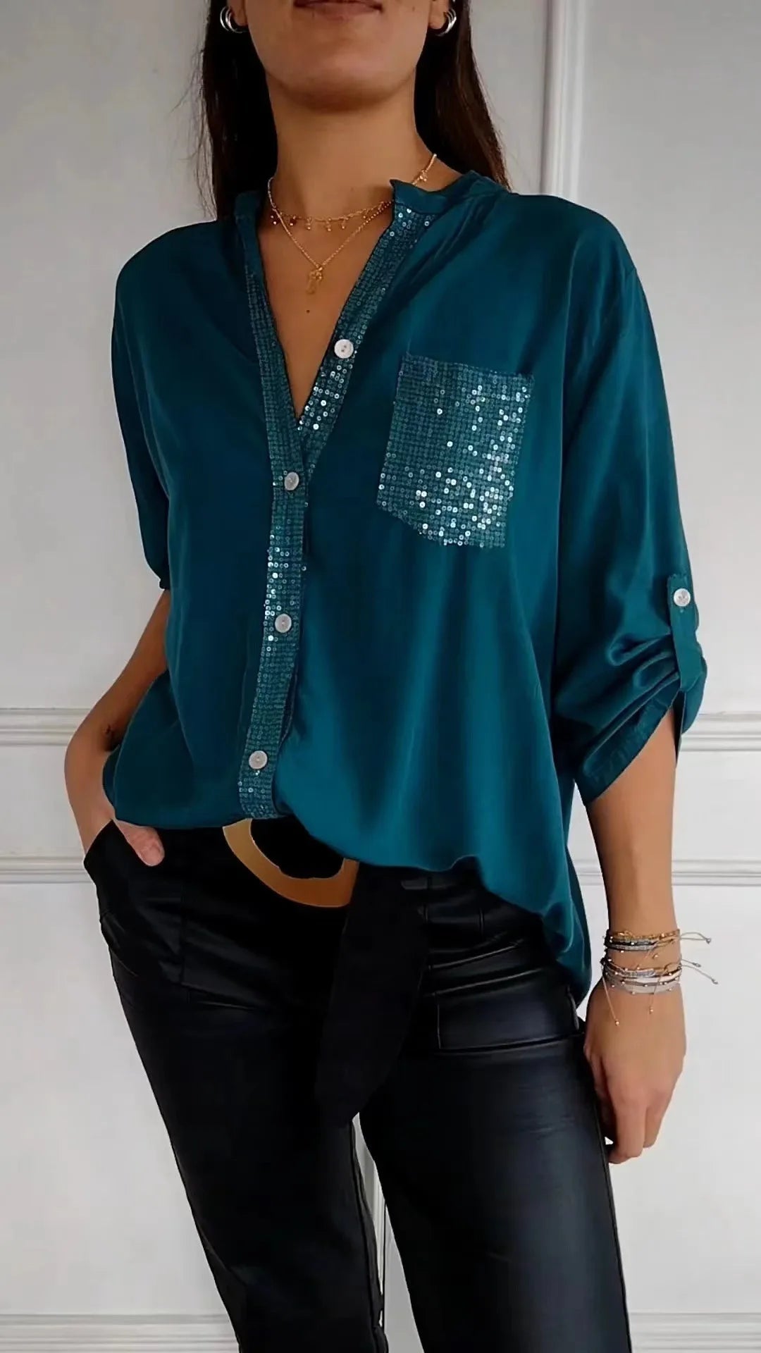Casual Loose Sequins Patchwork Shirt Blouse Women Fashion Button Long Sleeve Shirts For Women Spring Autumn Pocket Tops Femme RT220