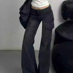 Streetwear Vintage Black Jeans Women American Y2K Slim High Waist Flare Denim Pants Female Casual Multiple Pockets Denim Trouser RT220