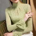Women Paisley Flower Lace Shirt S-2XL Stretch Turtleneck Bell Sleeve Blouse Tops Pink Blue Coffee Green Fashion Ladies Blouses RT220