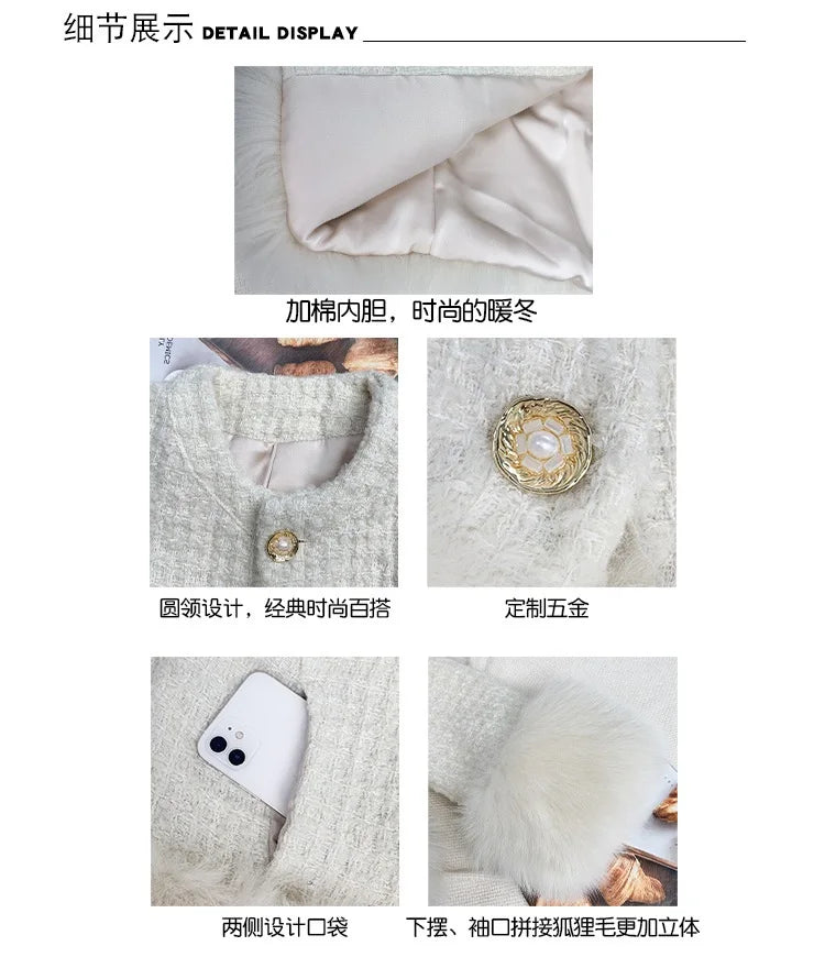 Autumn Winter Women's White Imitation Fox Fur Single Breasted Short Jacket New High-Quality Cotton/Non Cotton Wool Coats RT220
