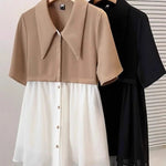 Spliced fake Two-piece Polo Collar Suit Shirt for Women in Summer Loose and Versatile Slim Top RT220