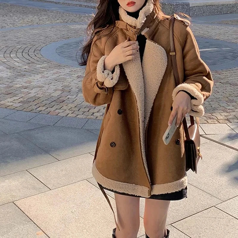 2024 Autumn Winter New Medium Long Double-breasted Lambswool Suede Woolen Coat Women Add Velvet Padded Warm Fur One Woolen Coats RT220