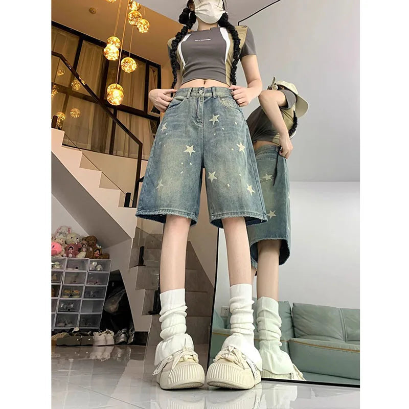 American Style Vintage Women's Short Jeans High Waisted Washed Wide Leg Denim Pants Woman Fashion Do Old Star Knee Length Shorts RT220