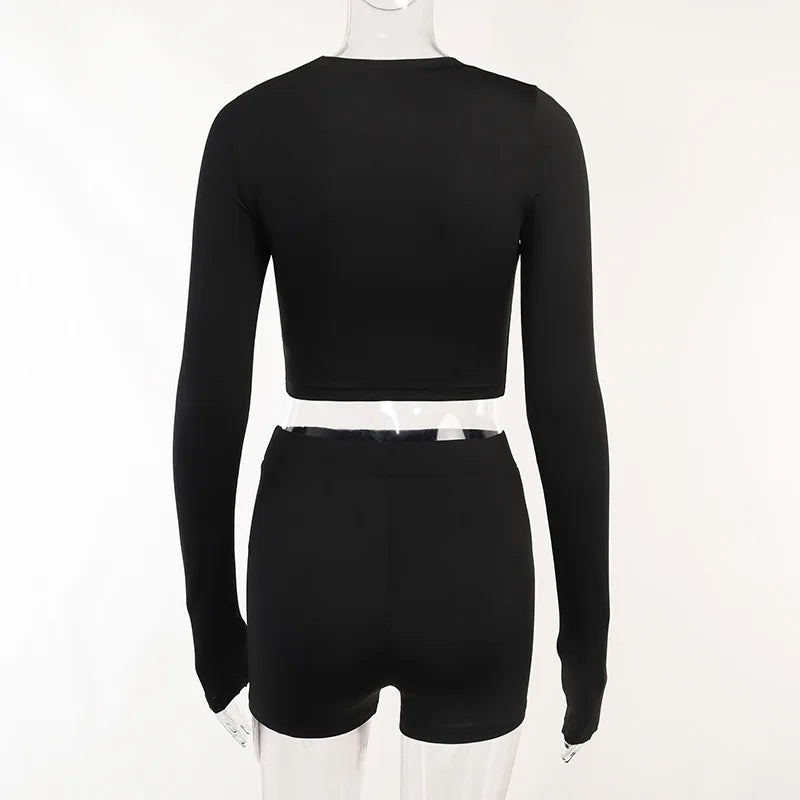 European and American Spring/Summer Round Neck Long Short sleeved 3/4 Shorts Two piece Women's Fashion Sports Versatile Set RT220