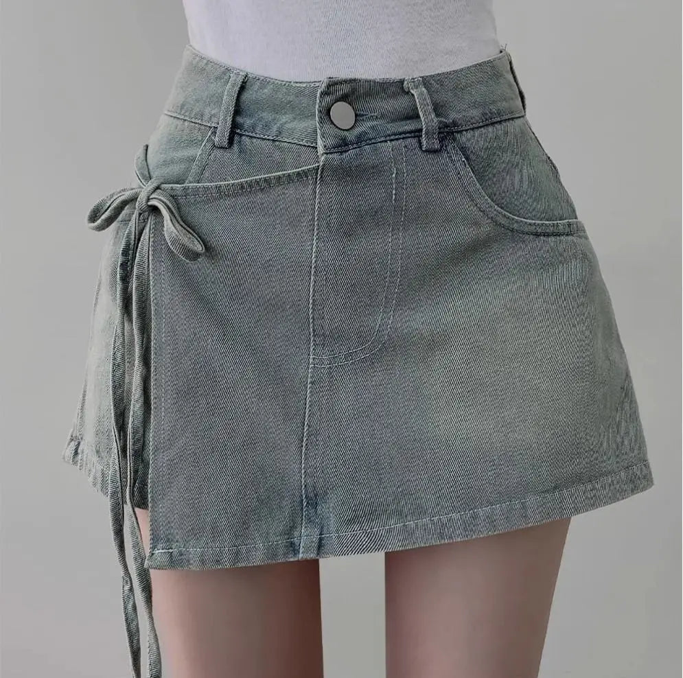 DFCF 2025 Spring Summe Jeans Streetwear Vintage Irregular Laced Up short Jeans Women Y2k Korean Fashion High Waist Straight Pant RT220