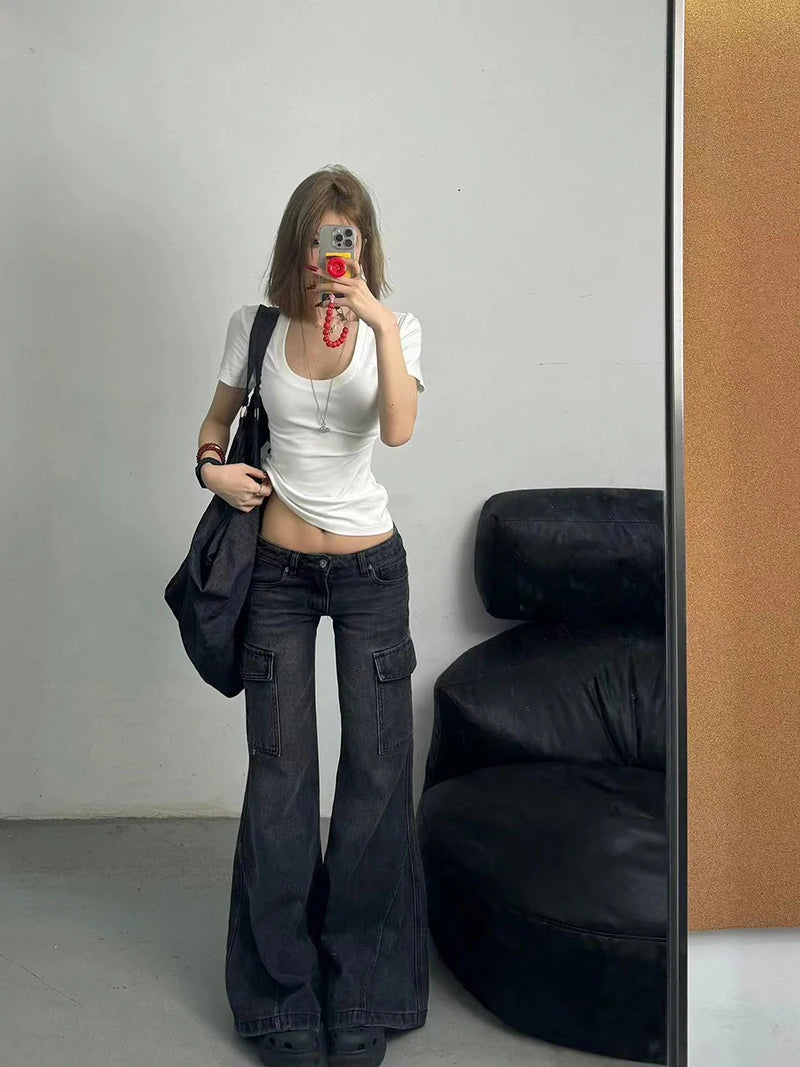 Streetwear Vintage Black Jeans Women American Y2K Slim High Waist Flare Denim Pants Female Casual Multiple Pockets Denim Trouser RT220