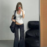 Streetwear Vintage Black Jeans Women American Y2K Slim High Waist Flare Denim Pants Female Casual Multiple Pockets Denim Trouser RT220