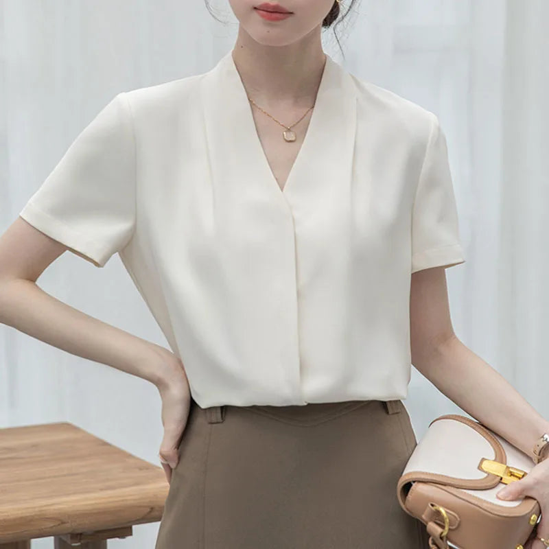 2025 Fashion Summer Short Sleeve V-Neck Women Blouse White Blouse Shirt Women Tops Blouses Shirts Blusas Para Mujer Camisas XL86 RT220
