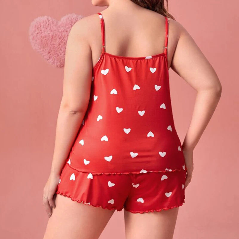 Plus-Size XL-5XL Women Pajama Set Nightgowns Cami Shorts Nightclothes  Sleeveless Nightwear Red Love Print Soft Sleepwear Summer RT220