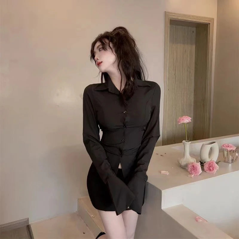 Sexy Slim Bandage Shirts Women Y2K Fashion Lapel Bell Sleeve White Blouses Female Korean Streetwear Spring Buttons Tops New RT220