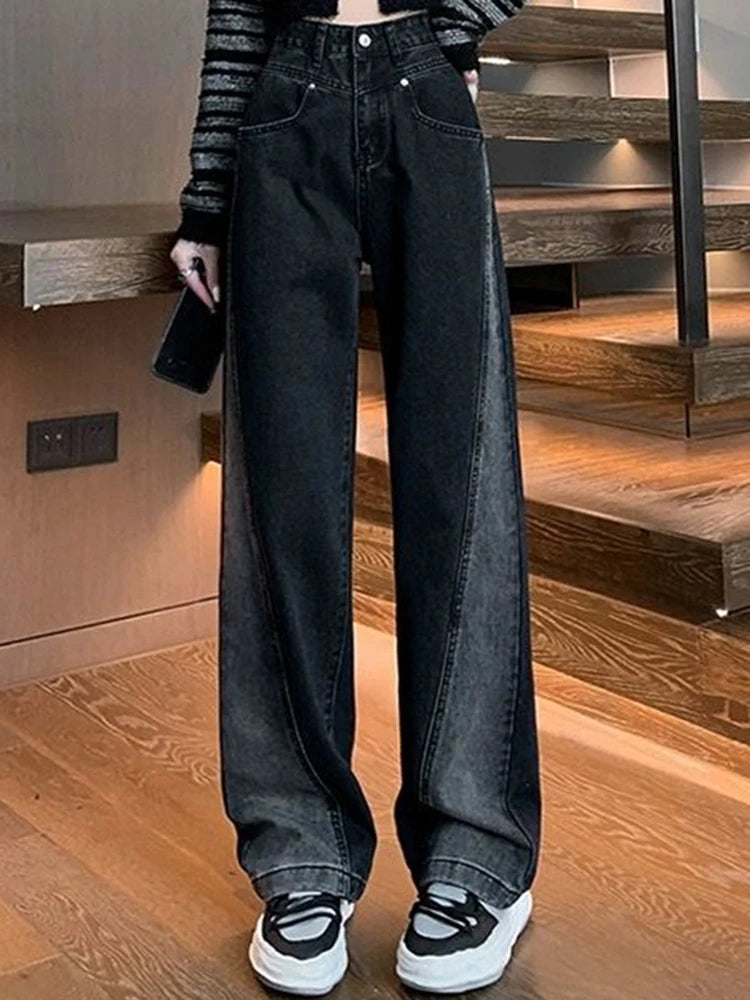 Woman High Waist Jeans Lady American High Street Patchwork Straight Leg Pants Girls Black Gray Contrast Color Wide Leg Trousers RT220