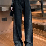 Woman High Waist Jeans Lady American High Street Patchwork Straight Leg Pants Girls Black Gray Contrast Color Wide Leg Trousers RT220