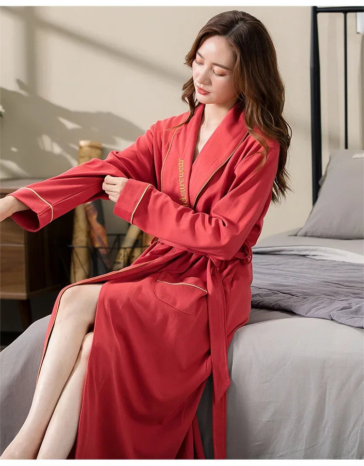 Spring Autumn Long Sleeve Cotton Casual Loose-fit Quick Dry Bathrobe For Women Medium-length Home Use Robe For Young Mothers RT220