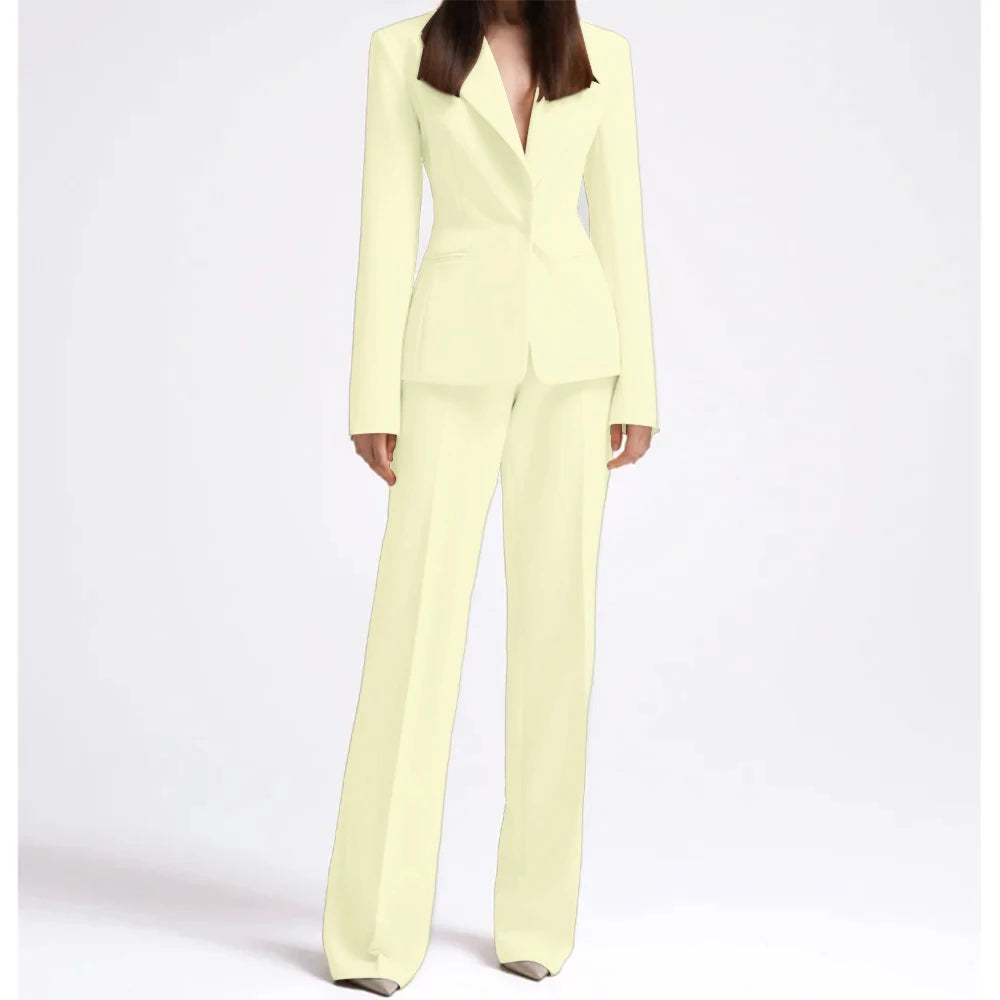 Office Lady Fashion Beige Women Suits One Button Peak Lapel 2 Piece Jacket Pants Slim Fit Smart Causal Conjuntos De Pantalones RT220