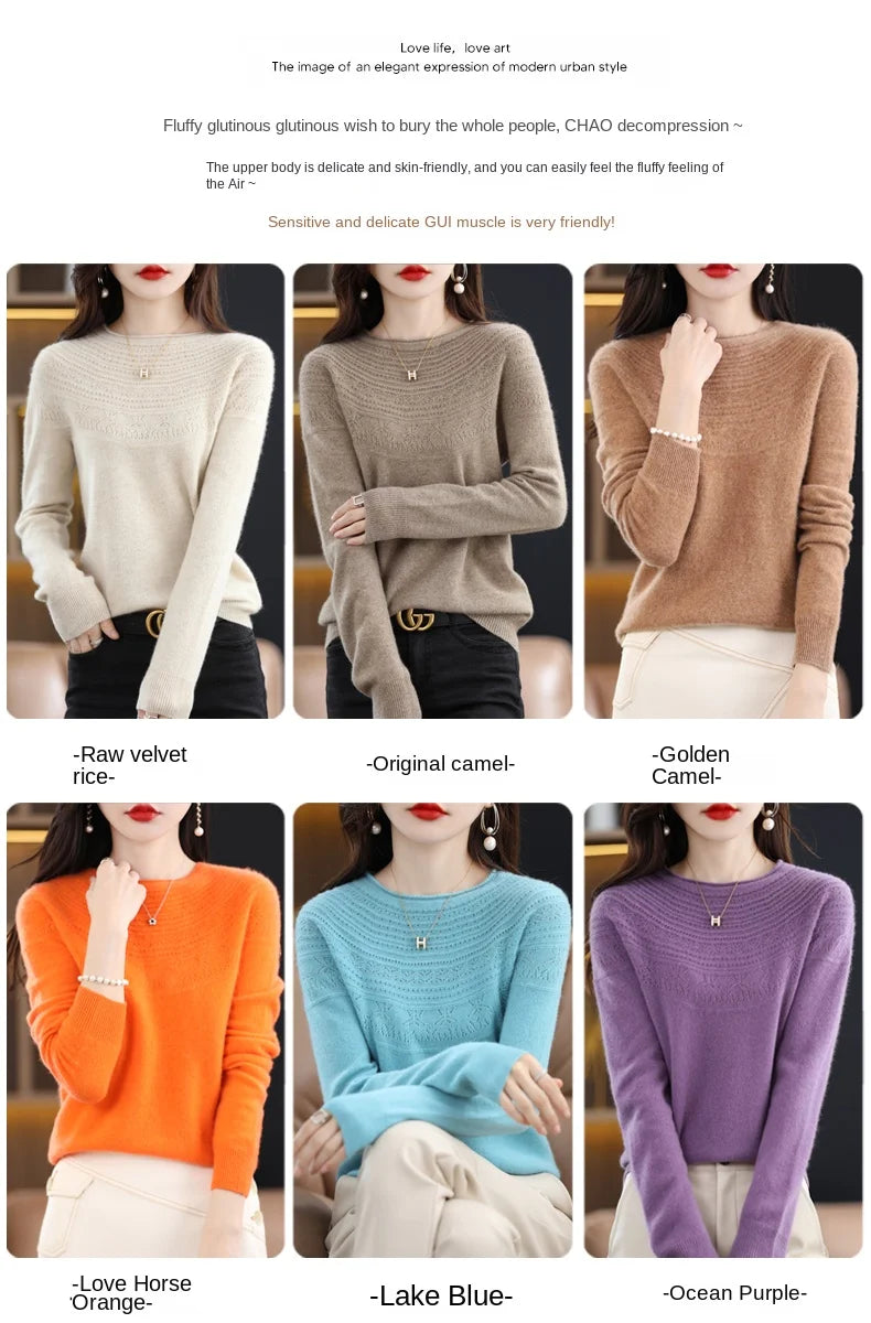 100% Merino Wool Knitted Sweater Autumn/Winter 2024 New Women's Round Neck Hollow Top 11 Color Pullover Versatile Coat NJR1107 RT220
