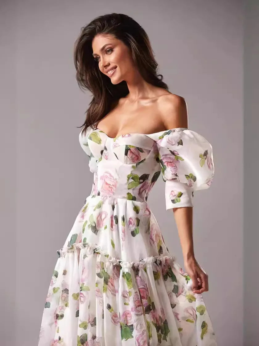 Elegant Floral Print Evening Party Dresses Women Charming A-line Off Shoulder Boat Neck Loose Short Sleeve Prom Gowns Robe Dress RT220