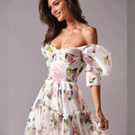 Elegant Floral Print Evening Party Dresses Women Charming A-line Off Shoulder Boat Neck Loose Short Sleeve Prom Gowns Robe Dress RT220