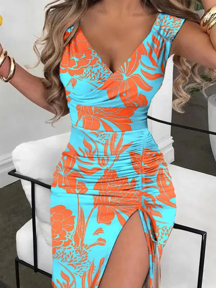 Women Elegant Spring High Split Party Dress 2025 Office Lady V Neck Slim Mid Dress Femme Sleeveless Summer Casual Dress Vestidos RT220
