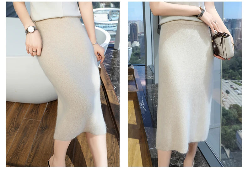 Mink Cashmere Midi Skirt For Women In Autumn And Winter, Mid Length, High Waist, Slimming, Knitted Versatile, Hip Hugging Skirts RT220