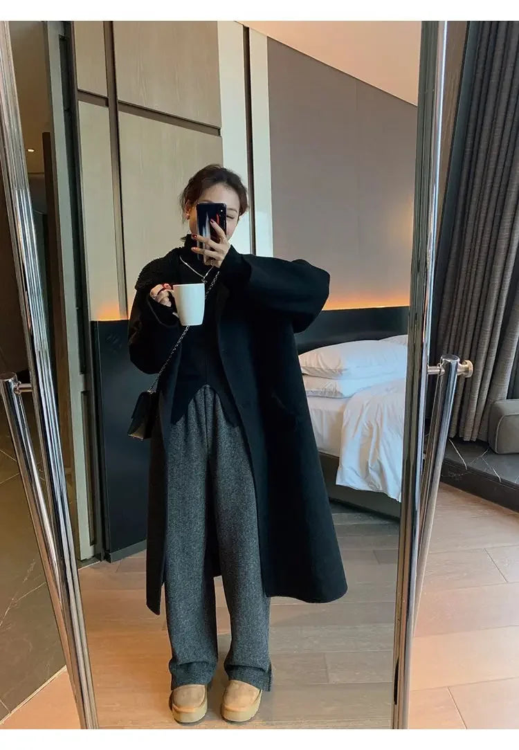 Women Pants Autumn Winter Thickening High Waisted Wool Wide Leg Pants Women Fashion Chevron Lengthening Leg Opening Floor Length RT220