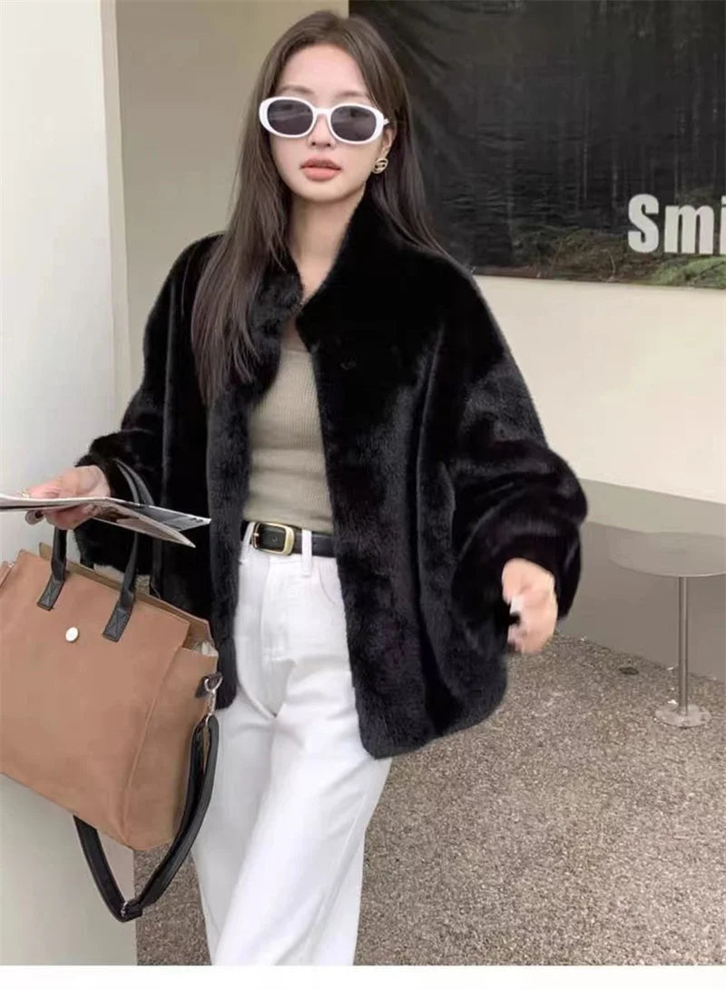 2024 Women Solid Color Stand Collar Mink Fur Top Female Long Sleeves Fox Fur Jacket Spring Autumn Lady Short Leather Fur Outwear RT220