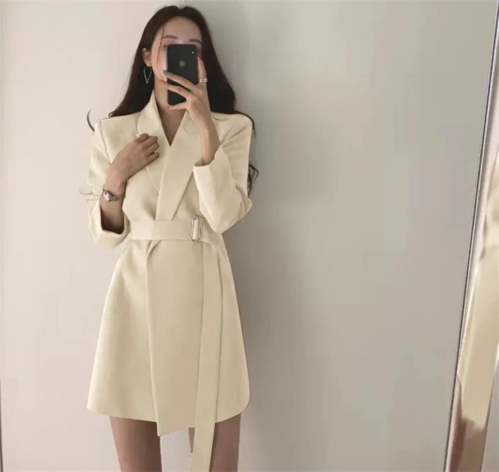 New 2025 Spring Summer Mid-length Small Thin Suit Vintage Belt Korean Fashion Casual Temperament Blazers for Women Clothing RT220