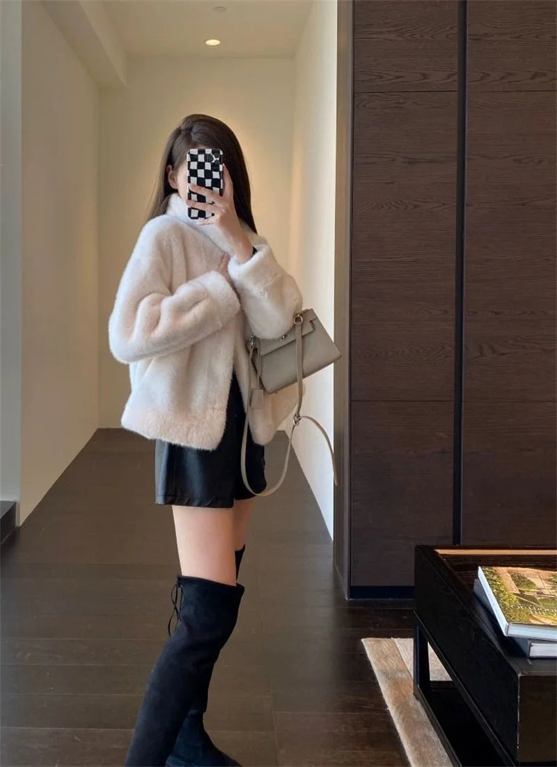 2024 Women Solid Color Stand Collar Mink Fur Top Female Long Sleeves Fox Fur Jacket Spring Autumn Lady Short Leather Fur Outwear RT220