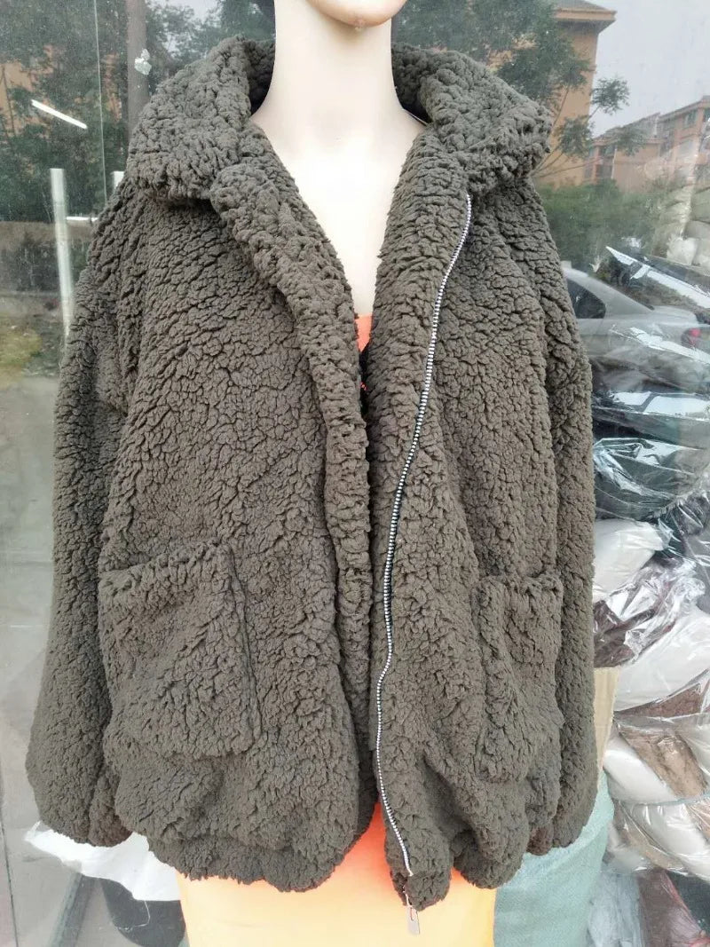 Autumn Winter Faux Fur Coat Women 2025 Khaki Casual Warm Soft Zipper Fur Jacket Plush Overcoat Pocket Teddy Coat Female Jacket RT220