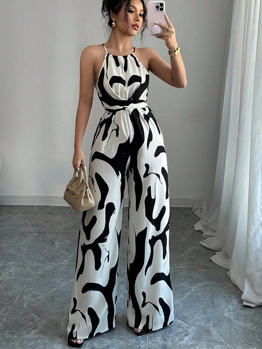 Fashion Women Jumpsuit Sexy Halter Print Sleeveless High Waist Lace-up Wide Leg Pants Long Jumpsuits Female Casual Lady Jumpsuit RT220