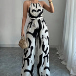 Fashion Women Jumpsuit Sexy Halter Print Sleeveless High Waist Lace-up Wide Leg Pants Long Jumpsuits Female Casual Lady Jumpsuit RT220