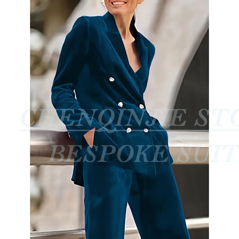 Luxury Purple Women's 2 Piece Sets Suits Chic Double Breasted Peak Lapel Slim Fit Jacket Pants Outfits Velvet Office Blazer 2025 RT220