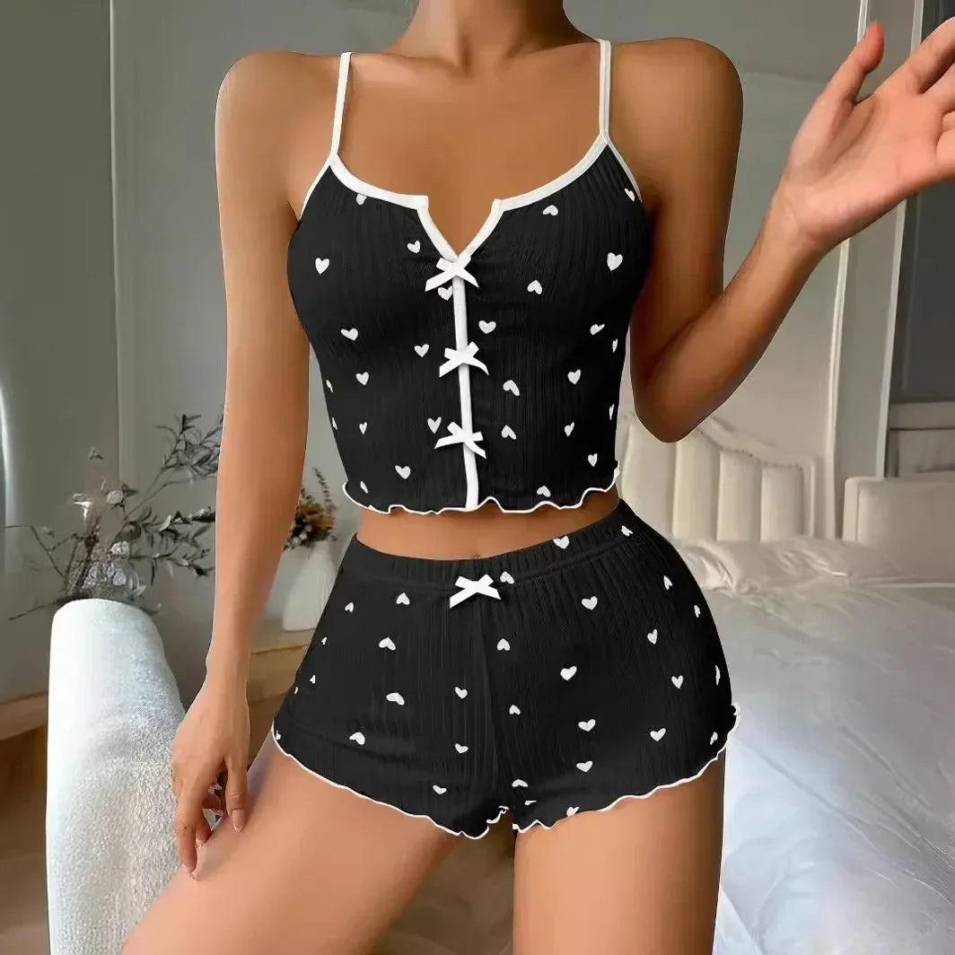 Sleepwear Women Pajamas Set Heart Print Soft Ribbed Fabric with Flirty Frill Trim Casual Cami Top and Shorts Sets Loungewear RT220