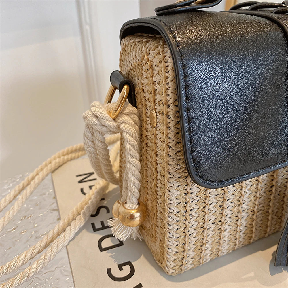 MOODS Straw Beach Bag For Women 2023 Summer New Luxury Designer Handbags Hit Color Tassels Shoulder Crossbody Box Bag Sac A Main RT220